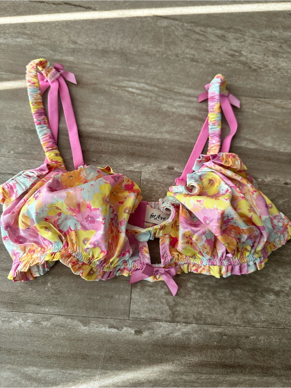 For Love & Lemons Pink Floral Ruffle Bra with Yellow & Mint Accents